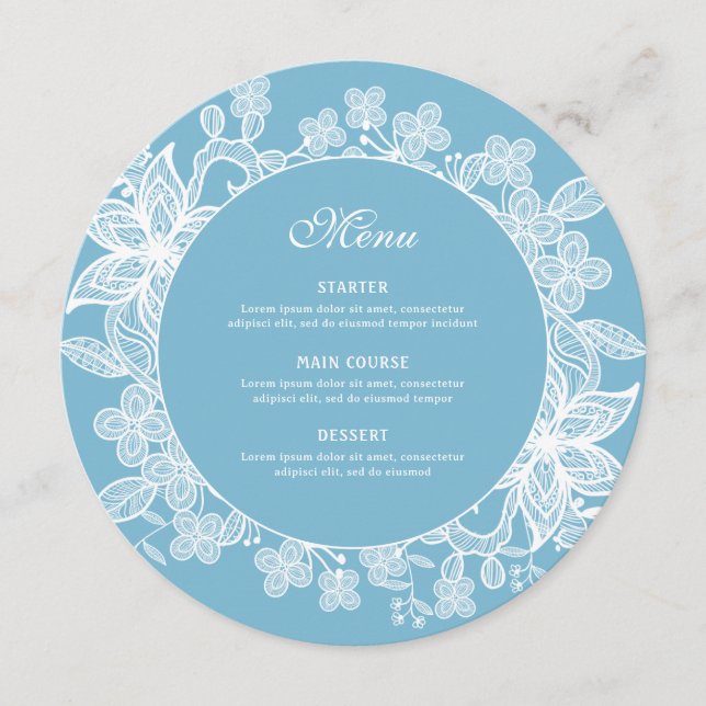 Menu Lace branco sobre Pastel Blue Round (Frente)