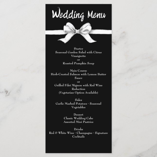 Menu Laço Preto e Branco | Casamento Elegante | Monocro (Frente)