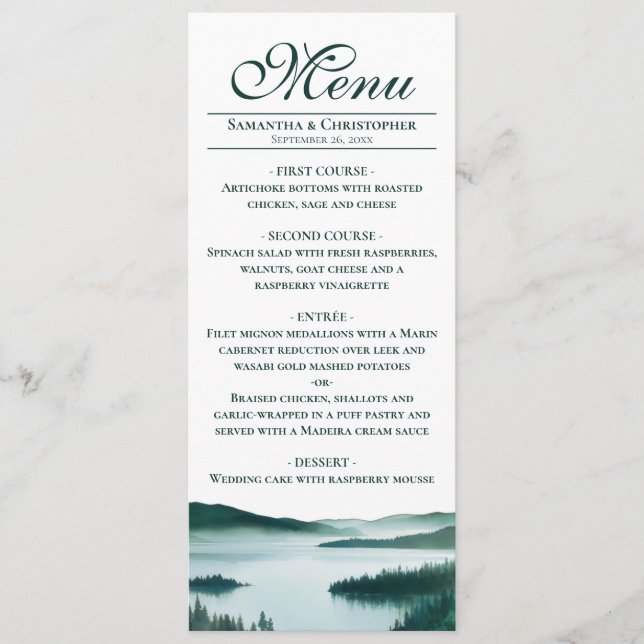 Menu Lago de Montanha Pacífico Casamento Rústico Elegan (Frente)