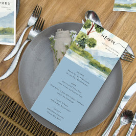 Menu Lago Evergreen Watercolor Rosa Casamento Dusty