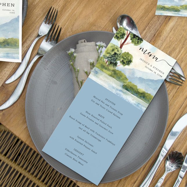 Menu Lago Evergreen Watercolor Rosa Casamento Dusty (Criador carregado)