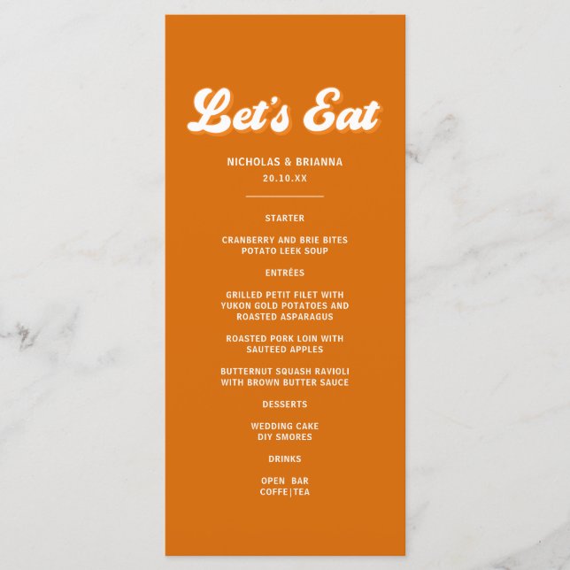 Menu Laranja Retro Anos 70 Boho Disco Groovy Casamento (Frente)