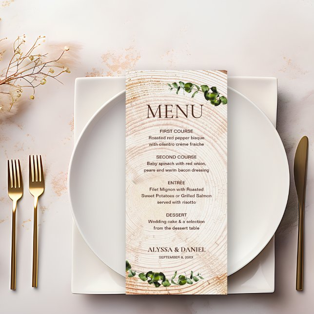 Menu Latido de madeira Folha verde Folha folhagem Curso (Unique, personalized, rustic wedding Menu with wood tree background and green botanical leaves.)