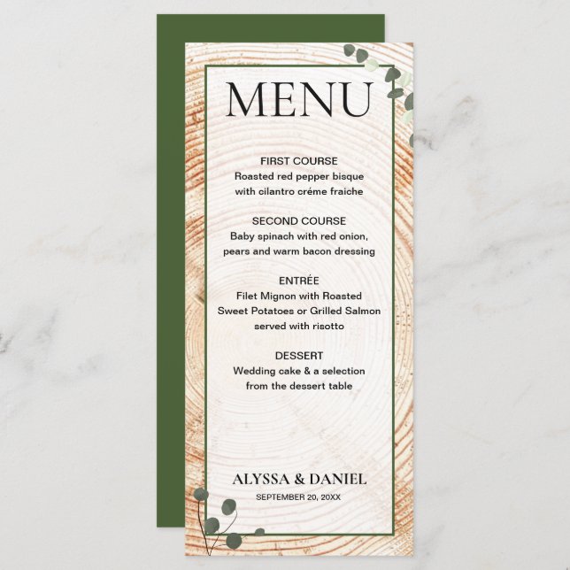 Menu Latido Rustic Weding Wood Tree com eucalipto (Frente/Verso)