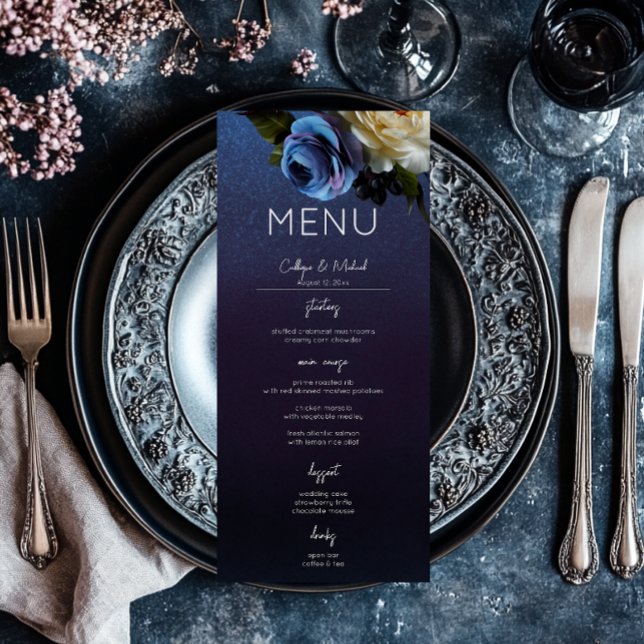 Menu Lavanda Azul Escuro Casamento Moderno Floral Moder (Dark Moody Blue Lavender Floral Modern Wedding Menu)