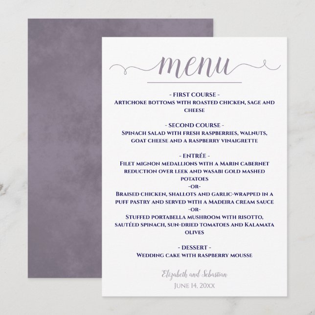Menu Lavanda branca elegante simples e Marinho de casam (Frente/Verso)
