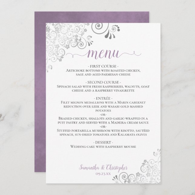 Menu Lavanda de renda prateada elegante no casamento br (Frente/Verso)