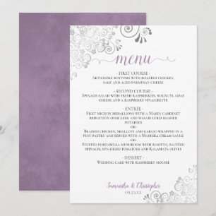 Menu Lavanda de renda prateada elegante no casamento br