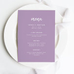 Menu Lavanda de Script Minimalista Moderna | Casamento<br><div class="desc">Este elegante e minimalista cartão de cardápio apresenta a tipografia moderna de escrita branca e texto limpo,  sans serif num fundo roxo colorido de luz lavanda para um design simples e na moda que você vai adorar.</div>