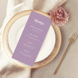 Menu Lavanda de Script Minimalista Moderna | Casamento<br><div class="desc">Este elegante e mínimo cartão de cardápio de casamento mostra tipografia branca moderna e texto limpo,  sans serif para um simples e na moda lavanda design roxo que você vai adorar.</div>