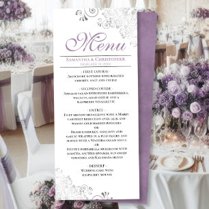 Menu Lavanda Elegante e espirais prateadas no casamento