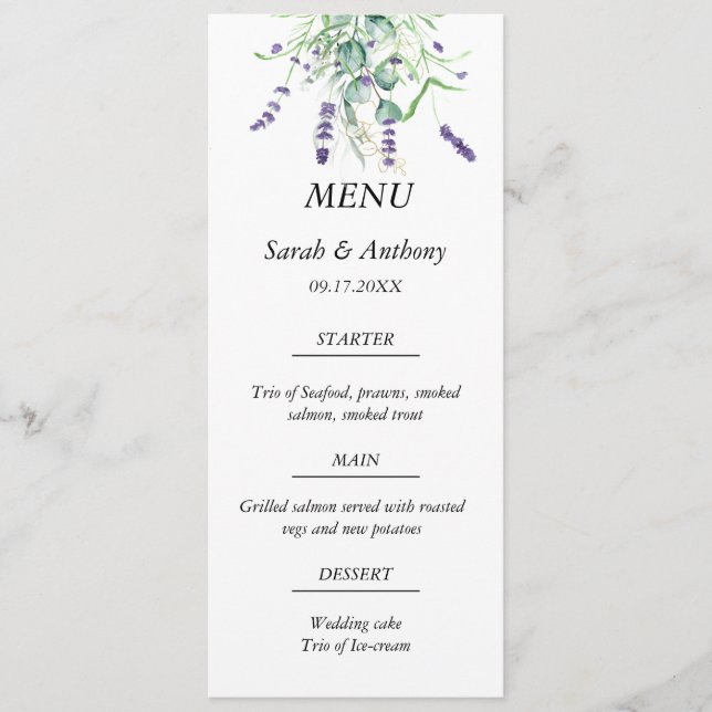 Menu Lavanda Eucalyptus Purple Floral WedComida (Frente)