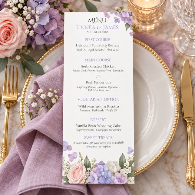 Menu Lavanda Hydrangea Bege Rosa Casamento  (Criador carregado)