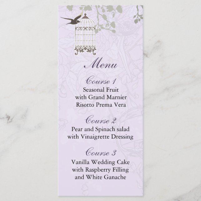 Menu Lavanda Lilac vintage aves casamento (Frente)
