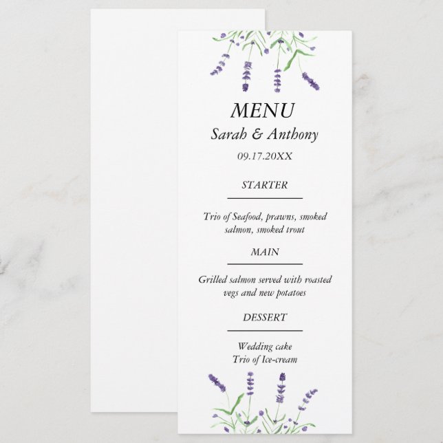 Menu Lavanda Purple Floral Watercolor Comida de Casamen (Frente/Verso)