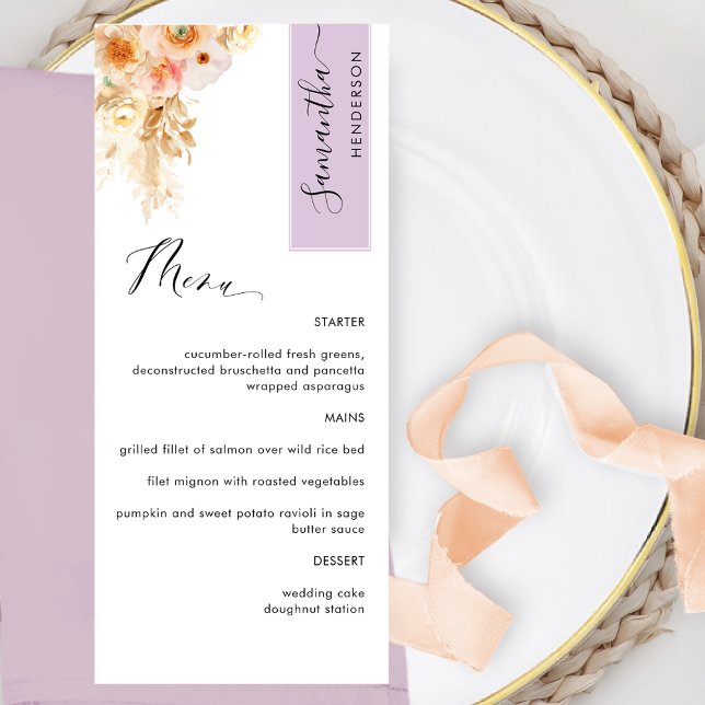 Menu Lavanda, Rosa Bege Personalizado com o Nome do Con (Criador carregado)