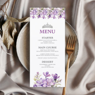 Menu Lavanda Tiara Floral Prata Borboleta Quinceañera