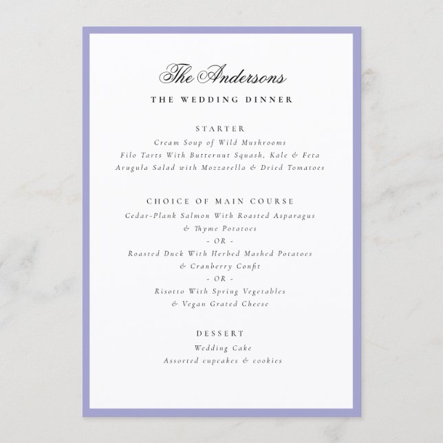 Menu Lavender Frame Calligraphy Name Wedding Dinner (Frente)