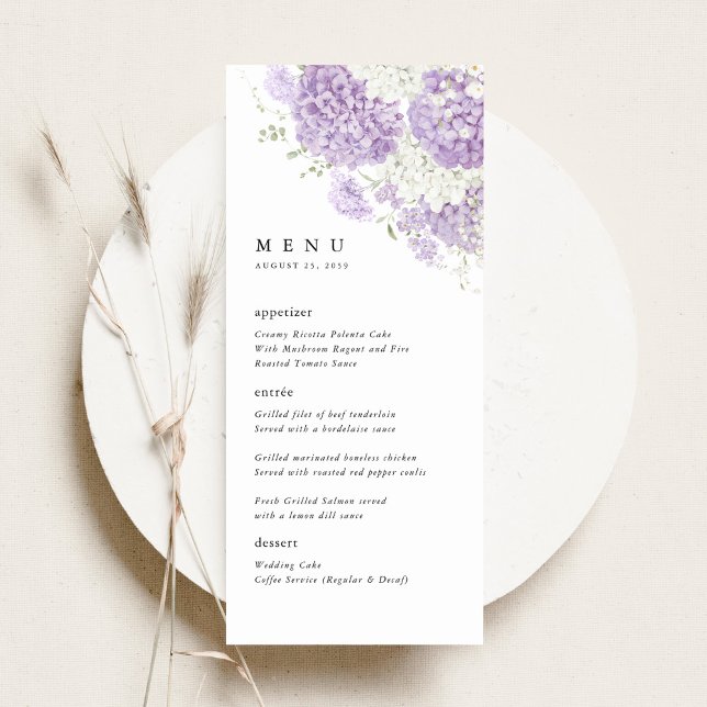 Menu Lavender Lilac White Floral Wedding Reception (Lavender lilac white hydrangea wedding menu, romantic watercolor floral reception table dinner menu)