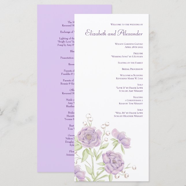 Menu Lavender Purple Rose Wedding Programs (Frente/Verso)