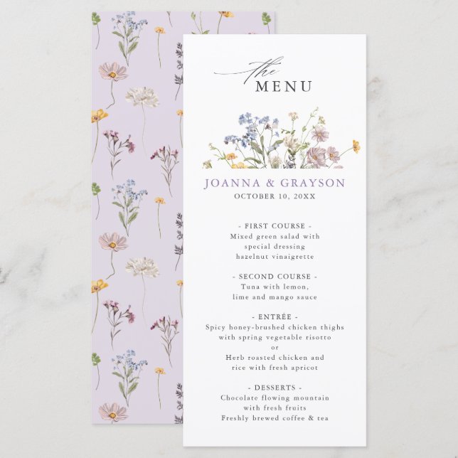 Menu Lavender Spring Wildflower Meadow Garden Wedding  (Frente/Verso)