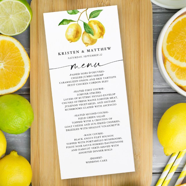 Menu Lemon Watercolor Citrus (Our lemon watercolor menu card is the perfect way to keep your guests informed on the food.)