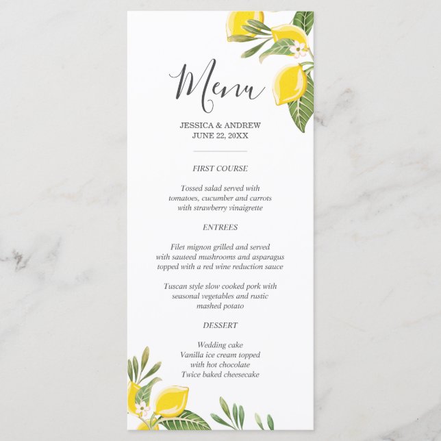 Menu Lemon Wedding Foliage Elegante Citrus Rustic (Frente)