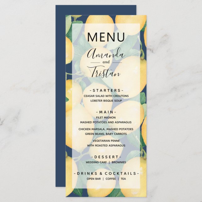 Menu Lemons Greenery no Marinho Blue Wedding (Frente/Verso)