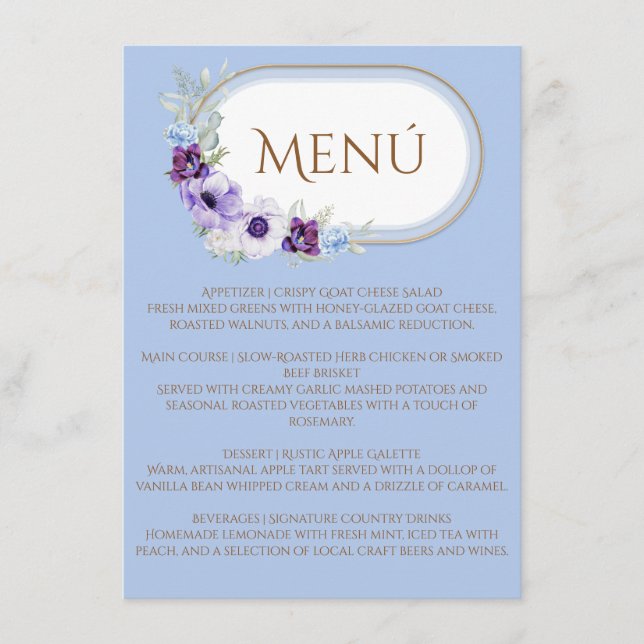 Menu Lilac and Violet Floral Blue Oval Gold (Frente)