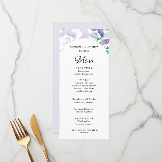 Menu Lilac Boho Floral Linda (Frente/Verso In Situ)