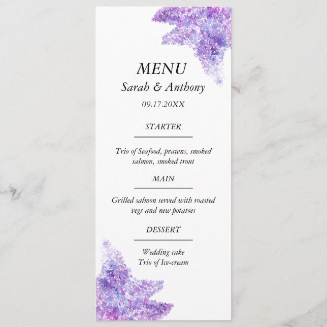 Menu Lilac Purple Floral Watercolor Wedding Food  (Frente)