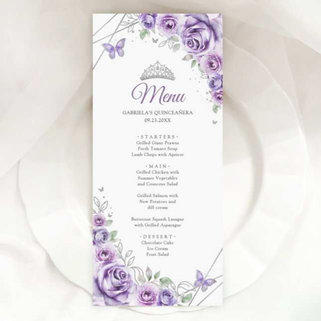 Menu Lilac Purple Silver Floral Quinceanera (Criador carregado)