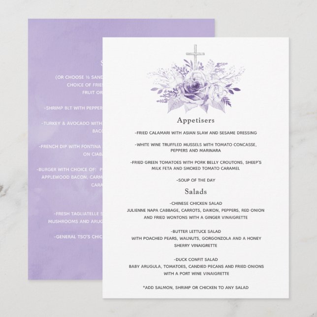 Menu Lilás e Floral Prata Batismo ou Batizado (Frente/Verso)