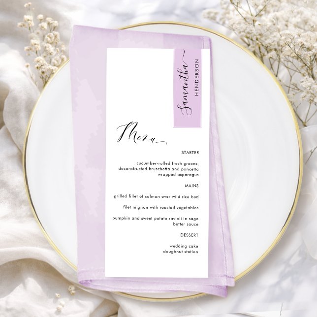 Menu Lilás Rosa Personalizado com Nome do Convidado Ele (Criador carregado)