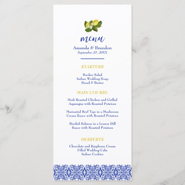 Menu Limone I Italiano Lemon & Blue Azulejo WedeMenu (Frente)