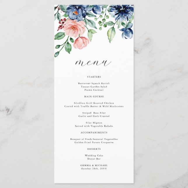Menu Lindo Casamento Floral e de Verduras em Aquarela (Frente)
