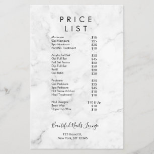 Menu Lista de Preços do Salão da Marble Nail