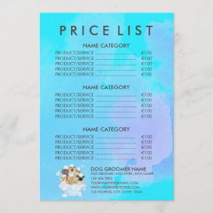 Menu Lista de Preços do Spa para Cães e Gatos da Pet Gr