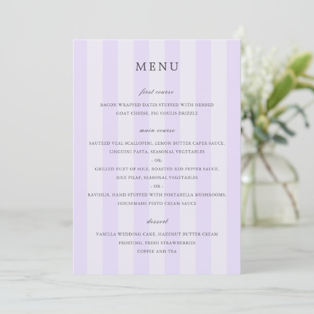 Menu Listras Roxas Elegantes Casamento Moderno (Em pé/Frente)