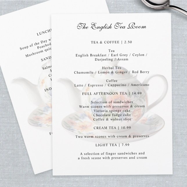 Menu Loja Clássica Sala de Chá Inglesa Tradicional Bule (A customizable menu for a tea room or coffee shop, with floral teapot design)