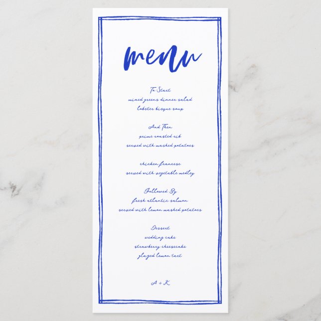 Menu Longo do Casamento Azul Francês Moderno (Frente)