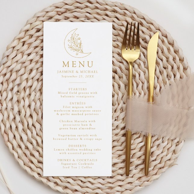 Menu Lua Botânica Elegante e Estrelas Casamento Dourado (Criador carregado)