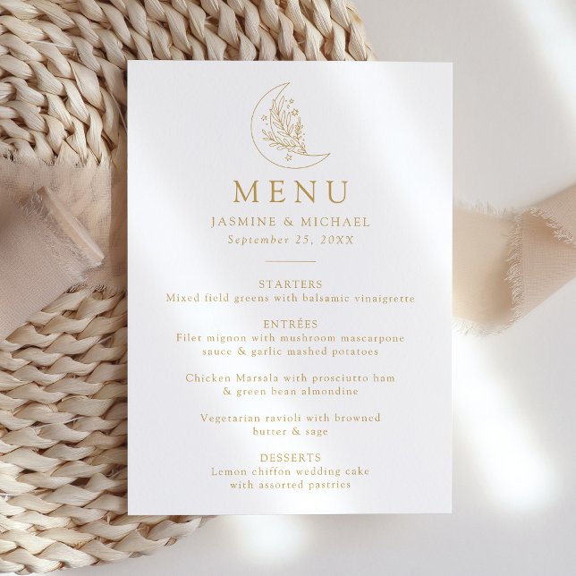 Menu Lua Botânica Elegante e Estrelas Casamento Dourado (Criador carregado)