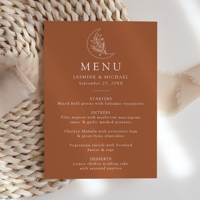 Menu Lua e Estrelas Elegantes Terracota Casamento (Criador carregado)