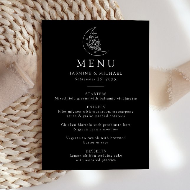 Menu Lua Elegante e Estrelas Casamento Negro e Branco (Criador carregado)