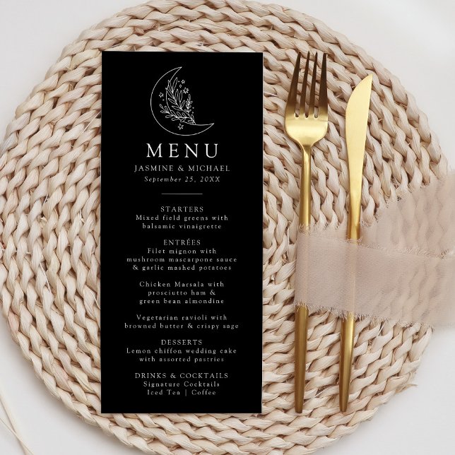 Menu Lua Elegante e Estrelas Casamento Negro e Branco (Criador carregado)