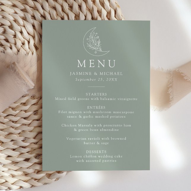 Menu Lua Elegante e Estrelas Sage Casamento Verde (Criador carregado)