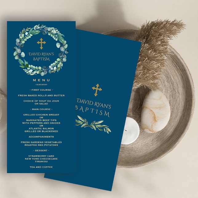 Menu Lush Eucalyptus Greenery Wreath Dourado Boy Baptis (baptism menu, boy eucalyptus wreath menu, )