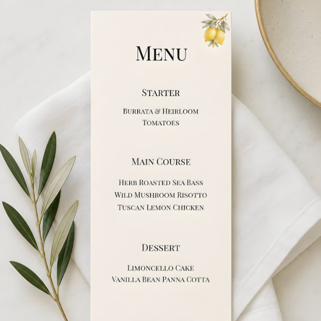 Menu Luxo Italiano Costeiro Mediterrâneo (Mediterranean themed wedding reception menu card)