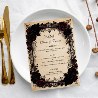 Menu Luxuoso Casamento Vitoriano de Renda Preta e Roman